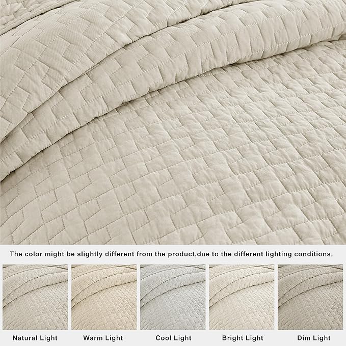 palassio Beige 100% Cotton Quilt Queen Size Bedding Sets with 2 Pillow Shams, Textured Lightweight Soft Bedspread Shabby Chic Coverlet, Neutral Quilted Comforter Bed Cover for All Season, 3 Pieces