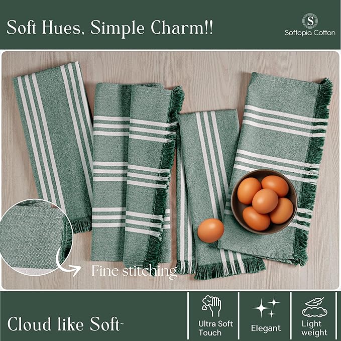 Stripe Kitchen Towels 4 Pack, 16x26 Inches, Cotton Dish Cloths, Absorbent Drying Rags, Reusable and Washable Tea Towels, Cleaning Cloths for Daily Kitchen Use - Forest Green