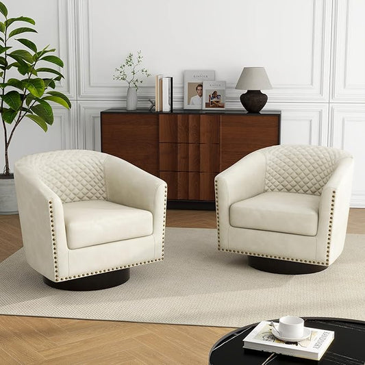 Swivel Barrel Accent Chair, Comfy Modern Upholstered Round Faux Leather Arm Chair for Living Room, Bedroom - Beige, Set of 2