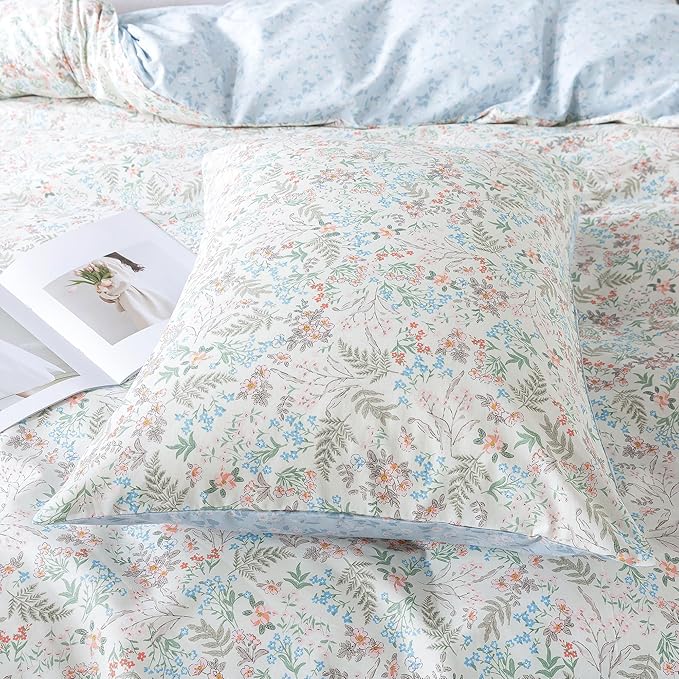 HoneiLife Wildflower Duvet Cover Queen - 100% Cotton Comforter Cover Sets, 3-PC Comfortable Floral Bedlinen Set, Botanical Duvet Cover with Zipper Closure & Corner Ties