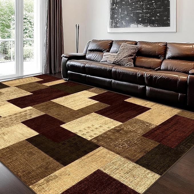 Modern Geometric Patchwork Indoor Area Rug for Living Room, Red 5x7 Large Rug Rockwood Collection Hardwood Floors Decor for Bedroom, Burgundy Throw Carpet for Office Entryway Dining Room