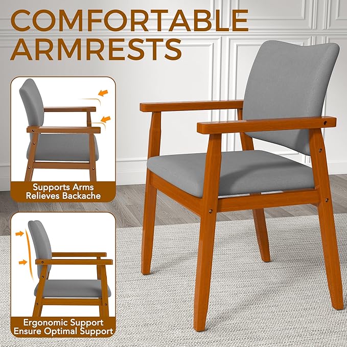 Set of 2 Mid Century Modern Walnut Dining Chairs Wood Arm Grey Fabric Kitchen Cafe Living Room Decor Furniture