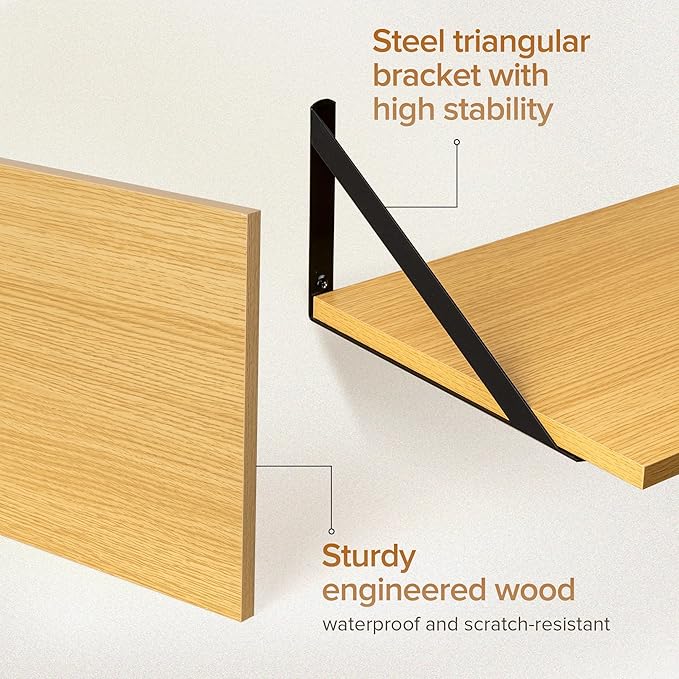 Deep Floating Shelves Wall Mounted, 12"x12" Oak Wall Shelves with Brackets Set of 2 for Bedroom, Living Room, Bathroom, Kitchen, Office - Storage & Display Shelf for Decor, Books, Plants