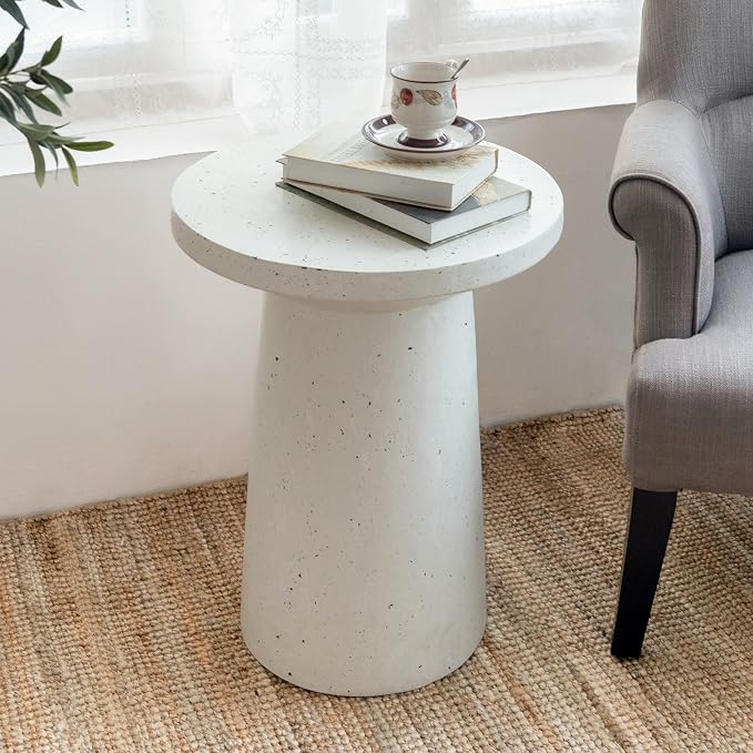ø18.75'' Faux Concrete Cement Round Side Table End Table, Modern Contemporary Minimalist Style, MGO Material for Indoor & Outdoor, No Assembly, White