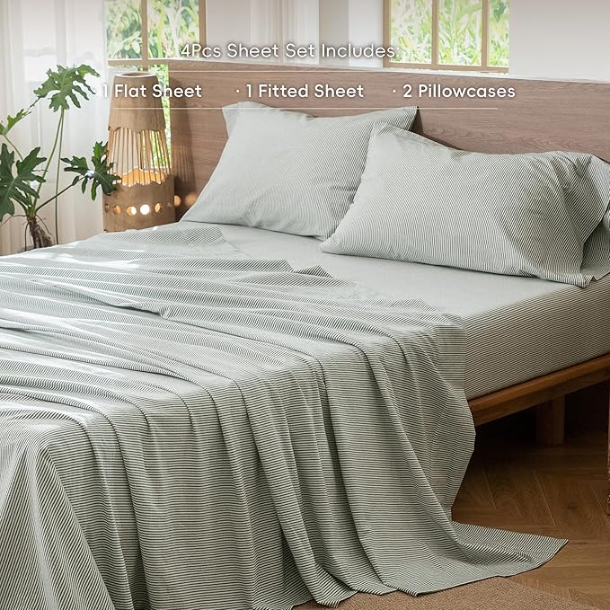 MooMee Striped Sheet Set 100% Washed Cotton Linen Like Textured Breathable Durable Soft Comfy (Heathered Green Pinstripes, King)