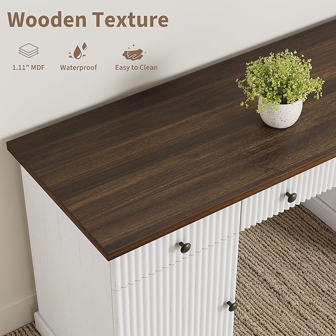 Garvee 60" Office Desk with Storage Cabinet & Drawers. Fluted Wood Computer Desk with Power Outlet & Adjustable Shelves.Modern Executive Desk for Home Office/Bedroom/Gaming-White