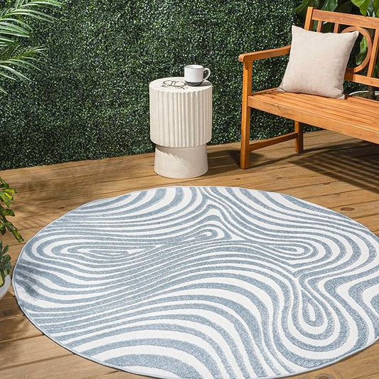 JONATHAN Y Maribo High-Low Abstract Striped Light Blue/Ivory 9' Round Indoor/Outdoor Area Rug, Pet Friendly, Non-Shedding, Stain Resistant, Easy-Cleaning for Backyard, Patio, Porch (SCN103C-9R)