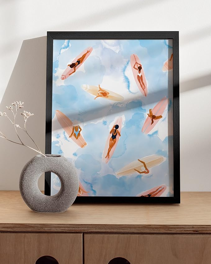 HAUS AND HUES Beach Wall Decor - Watercolor Beach Scene with Surfboard, Teen Girls Room Decor (Black Frame, 12x16)