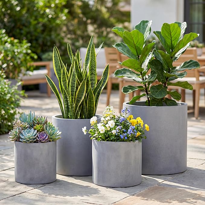 FaithLand Plant Pot 12 inch - Perfectly Fits Mid-Century Modern Plant Stand - Drainage Plug - Gray Planter Pot