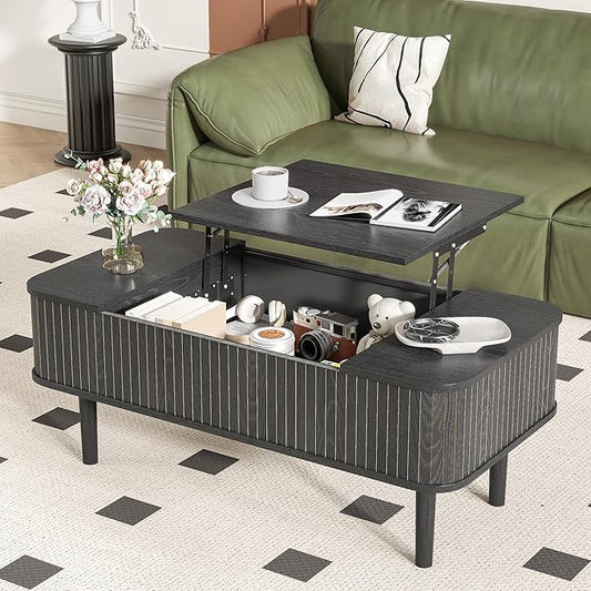 Fluted Lift Top Coffee Table with Storage, Mid Century Modern Coffee Table for Living Room, Home Small Space,39.4" Fluted Center Table (Rectangle-Black, 39.4inch)