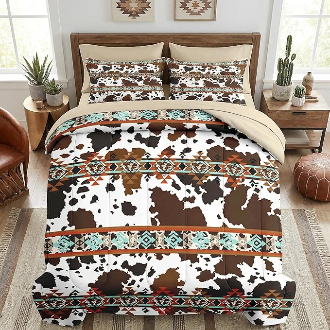 WeCozy 7 Pcs Queen Size Comforter Set with 2 Pillowcases & 2 Shams, Cow Print Brown Cowhide Bedding for Kids and Adults, Vintage Retro Bed in a Bag with Flat Fitted Sheet