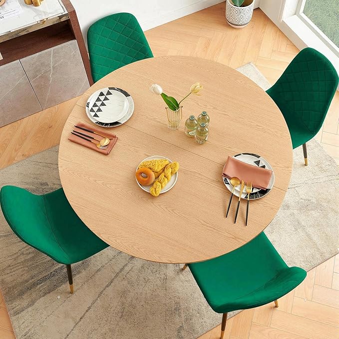 Round Dining Table Set for 4, Modern Mid Century Wooden Kitchen & Dining Room Table Set, 5 Piece Space Saving (47In Oak Table + 4 Green Velvet Chairs)