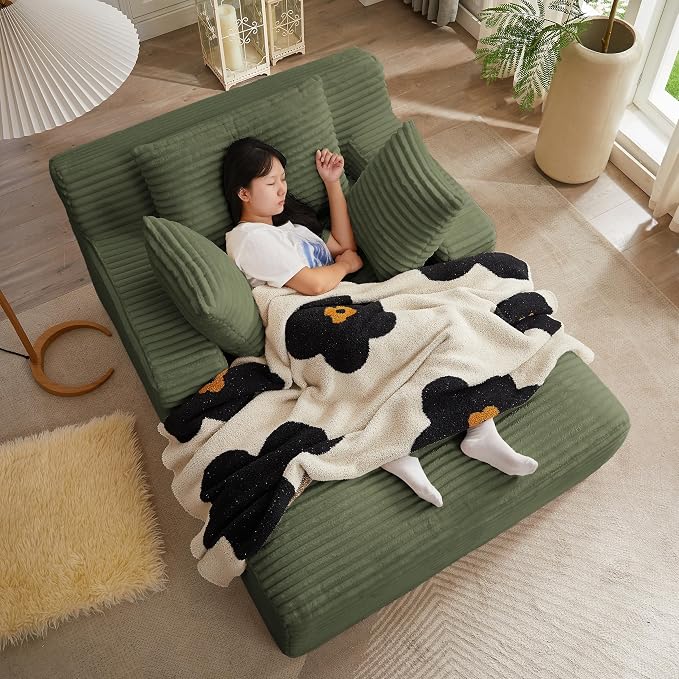 50 Inch Oversized Chaise Lounge Chair Indoor, Corduroy Upholstered Sleeper Sofa Bed with Spring Cushion, No Assembly Lazy Boneless Chaise Lounge for Bedroom Office, Green