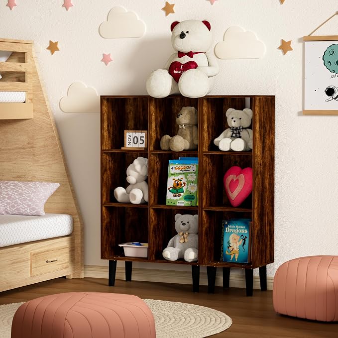 3 Cube Bookcase, Wooden Book Shelf Cube Storage Organizer with Legs, 3 Tier Bookshelf Freestanding Open Shelves for Bedroom, Living Room, Home Office (Brown, 3 Cube)