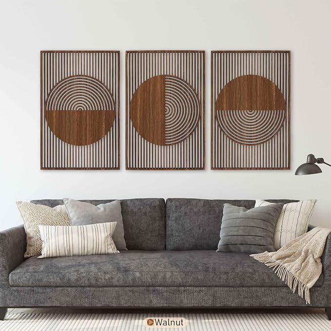 Mid Century Modern Geometric Wood Wall Art Set, Scandinavian Circle Wooden Wall Decor, Oversized Art Deco Wall Hanging, First Home Gift for Living Room and Bedroom