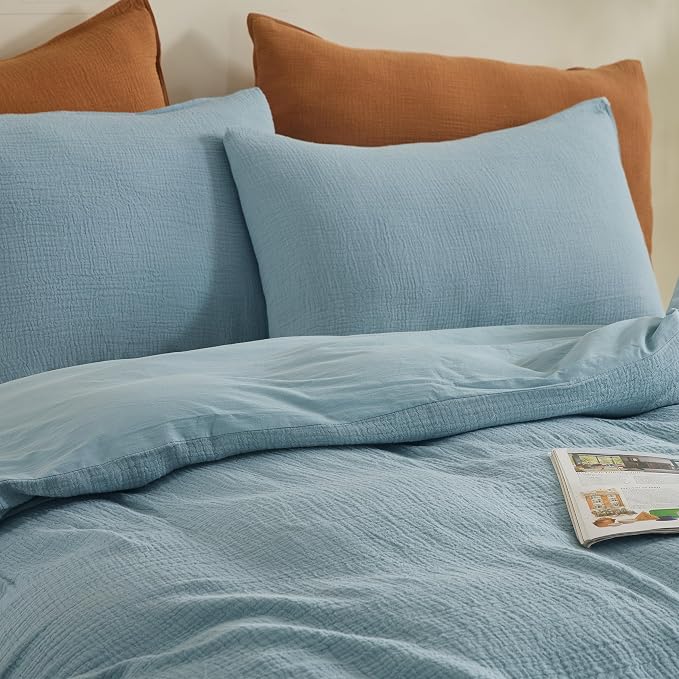 Simple&Opulence Linen Muslin Duvet Cover Set California King, 3Pcs Blue Linen Cotton 3-Layer Gauze Minimalist Comforter Cover 104”x98”, Ultra Soft Breathable Seersucker Bedding Set with 2 Pillowcases