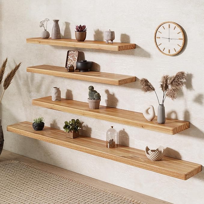 Fun Memories 55 Inch Wood Floating Shelves, Natural Elm Wood Floating Shelf for Wall, 8 Inch Deep Wall Shelves for Home Storage & Display, Deep Rustic Wooden Shelves for Living Room, Bedroom, Kitchen