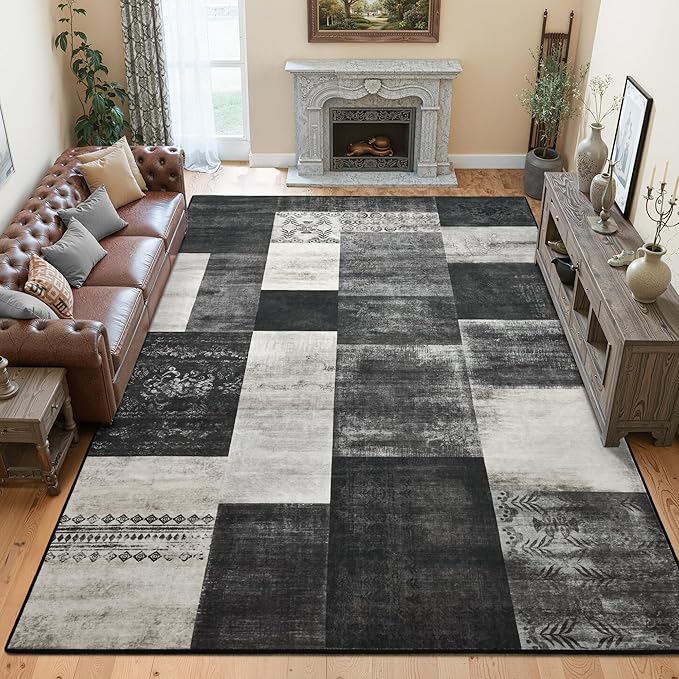 Tepook 8x10 Area Rugs for Living Room, Modern Large Geometric Rug for Bedroom, Washable Patchwork Rug Indoor Non Slip Throw Carpets for Dining Room Office Farmhouse Home Decor, Black and White