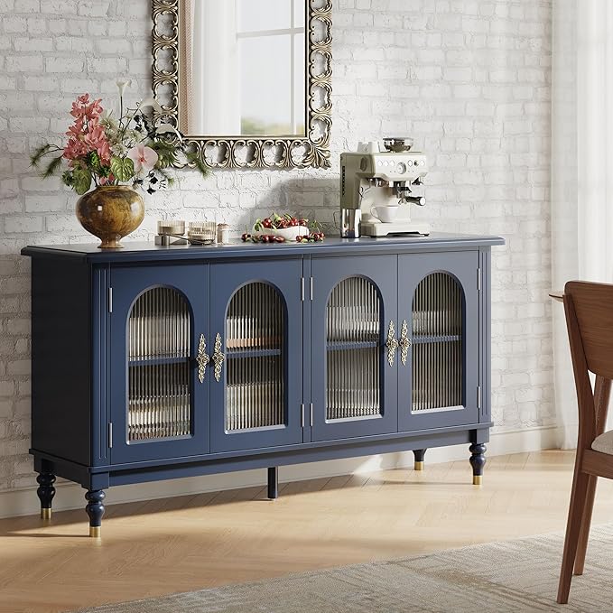 iPormis Fluted Arched Buffet Cabinet Set of 2, 59" Vintage Sideboard with Glass Door & Adjustable Shelves, Mid Century Modern Solid Wood Credenza Accent Cabinet for Living Room, Entryway, Blue