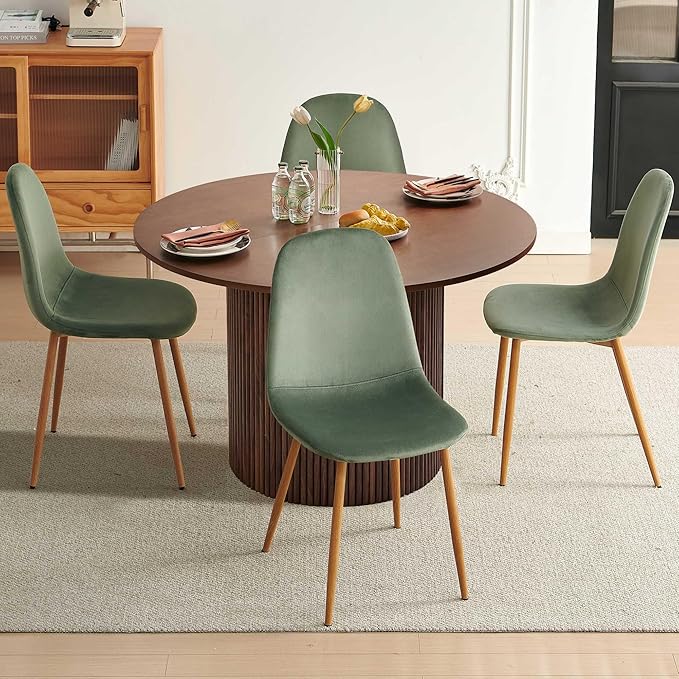 Dining Table Set for 4, Mid Century Modern 47 Inch Wooden Round Dining Table Set, Space Saving (Table + 4 Green Chairs)