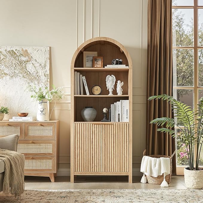 Arched Cabinet Bookshelf Bookcase - 71” Tall Mid Century Arched Display Cabinets, Rounded Bookshelf with Fluted Doors, Open Shelf Storage Cabinet for Dining Room (Natural)