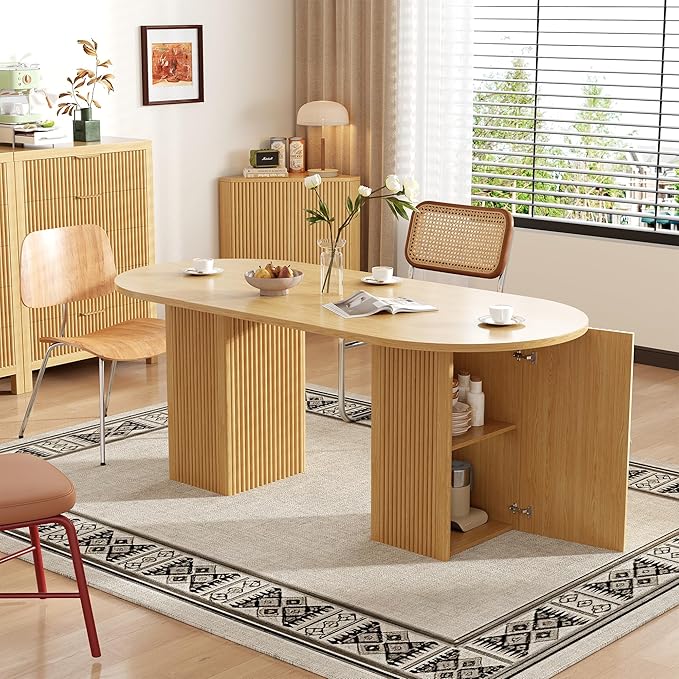 Round Dining Table for 4-8, 70.87 Inches Dining Room Table with Storage Shelf Base, Circle Kitchen Tables for Dining Room, Kitchen, Living Room (Nature Oak)
