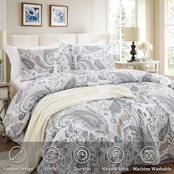 Paisley Duvet Cover Full Size 100% Cotton Comforter Covers Soft & Breathable 3 Pcs Luxury Duvet Cover Sets with Zipper Closure All Season