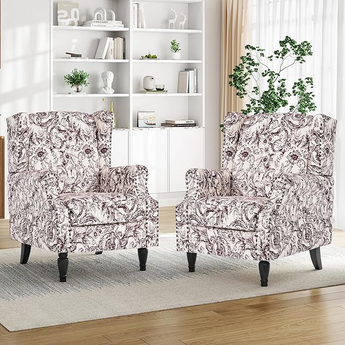 Pia Ricco High Back Floral Accent Chair - Retro Wingback Upholstered Armchair with Nailhead Trim, Solid Wood Legs, Fabric Living Room Bedroom Reading Chair (Rococo Plum)