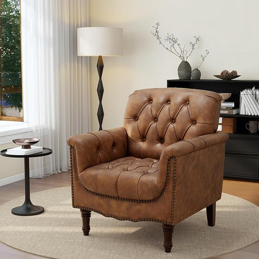 Brown Accent Chair for Living Room, Faux Leather Tufted Arm Chair Retro Upholstered Club Armchair for Bedroom