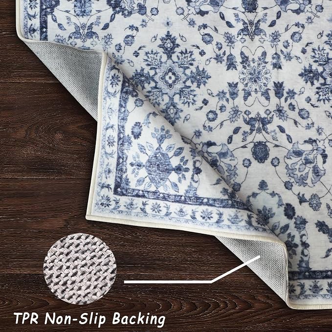 vivorug 6x9 Rug, Stain Resistant Washable Rug for Living Room, Floral Area Rug Vintage Inspired (Ivory/Blue, 6'x9')