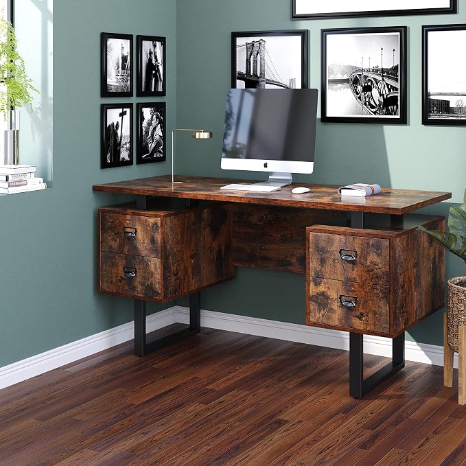 Computer Desk with Drawers 59" L Contemporary Home Office Laptop Desk with Floating Desktop and 4 Storage Drawers Vintage Study Gaming Table with Metal Frame Black & Rustic Brown CTSZ20401RC