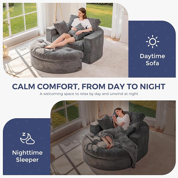 MAXYOYO Oversized Round Chaise Lounge Sofa, Upholstered Lounge Chair with 3 Pillows, Boneless Sofa Couch with Ottoman, Deep Seat Chair for Living Room, Bedroom, No Assembly, Dark Grey