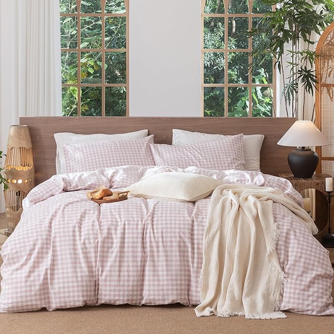MooMee Gingham Duvet Cover Set 100% Washed Cotton Linen Like Textured Breathable Durable Soft Comfy Modern Checkered Design (Classic Gingham Greyish Pink, King 104"x90")