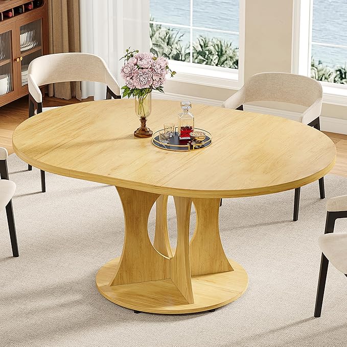 iPormis 43.3-59 Inch Extendable Round Dining Table for 6-8 People, Oval Dinner Table with Adjustable Top and A Stable Round Pedestal Base, Space Saving Wooden Kitchen and Dining Table, Oak