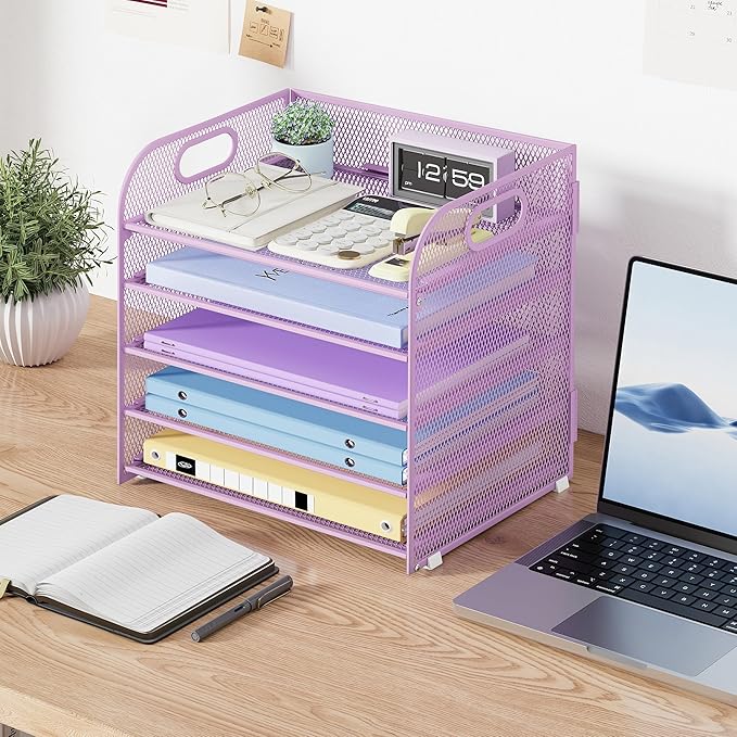 5 Tier Paper Organizer with Handle, Metal Mesh Desk Organizer File Folder Paper Letter Tray Desktop Document Sorter for Classroom, School, Office Accessories Organization and Storage - Purple