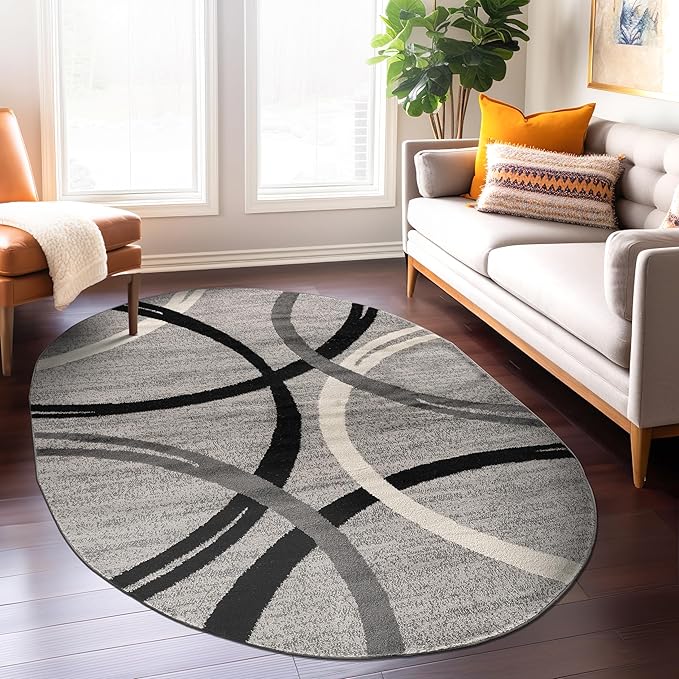 Rugshop Wavy Circles Design Oval Rug, Non-Shedding Carpet for Living Room, Dining Room, or Bedroom, Gray, 5' x 7' Oval