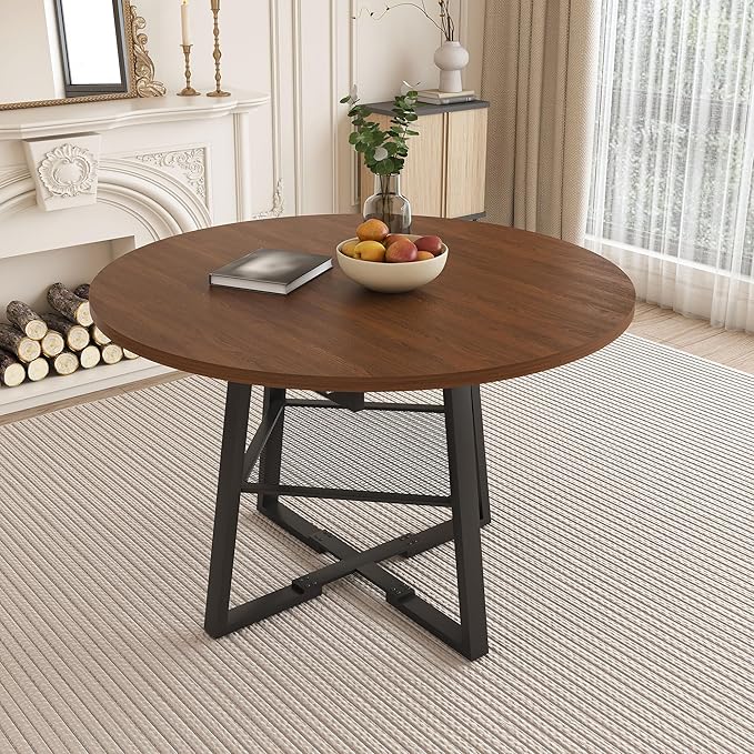 43"-59" Extendable Round Dining Table for 4-6,Mid Century Modern Walnut Wood Grain Table,Expandable Kitchen Table with Metal Storage Shelf for Small Spaces