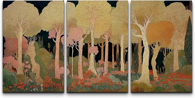wall26 Canvas Print Wall Art Set Art Nouveau Golden Forest Whimsical Vintage Tree and FloralDecorative Minimal Relax/Zen for Living Room, Bedroom, Office - 16"x24" x 3