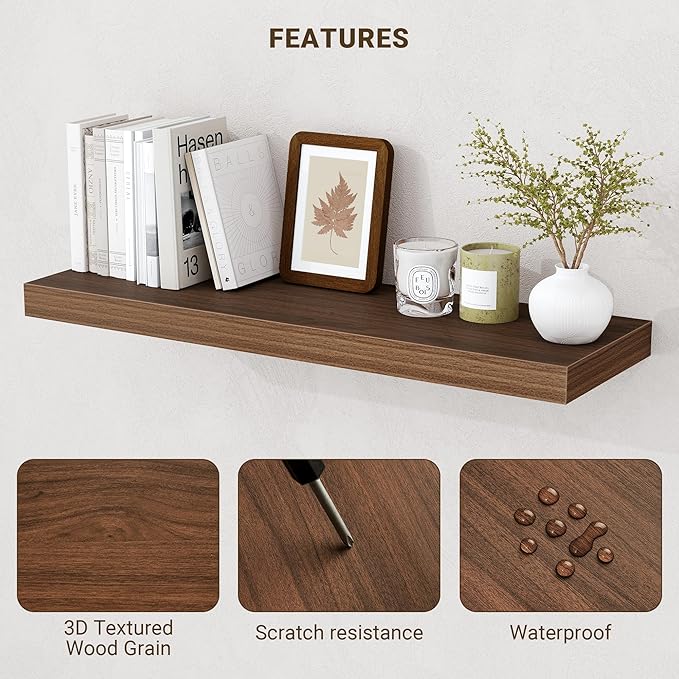 16 Inch Floating Shelves, 16"x9.25"x1.5" Inch Deep Floating Shelves for Wall, Wooden Shelves for Bathroom, Bedroom, Living Room, Walnut, 2 Pieces