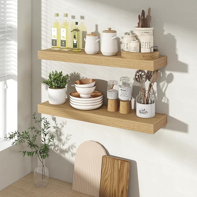 24 Inch Floating Shelves for Wall 2 Pack, 24" Wall Shelves for Books, Storage, Decor, Wall Mounted Floating Shelf with Invisible Brackets for Kitchen, Living Room, Oak