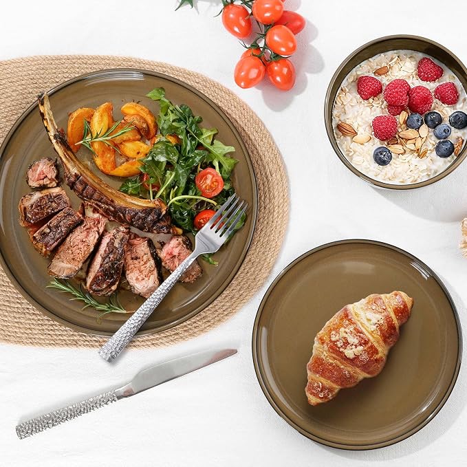 E-far Stoneware Dinnerware Sets for 2, 6 Pieces Reactive Glaze Plates and Bowls Sets, Elegant Dishes with Rustic Terracotta Base, Dishwasher & Microwave Safe, Scratch Resistant, Deep Camel