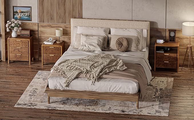 COZAYH Farmhouse Nightstand with 3 Drawer, Distressed Wood Rustic Accent Dresser, Burl Finish Bedside Table for Bedroom, Entryway, Fully Assembled, Brown