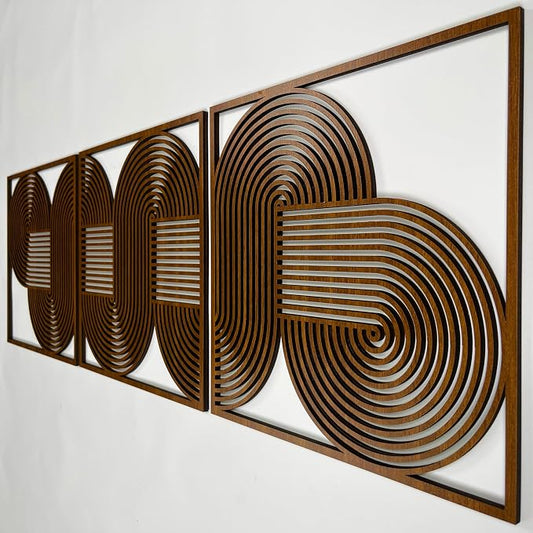 Minimalist Infinite Flow Wood Wall Art, Abstract Triptych Wooden Decor, Mid Century Modern Geometric Loop Panels, Boho Housewarming Gift for Living Room and Bedroom