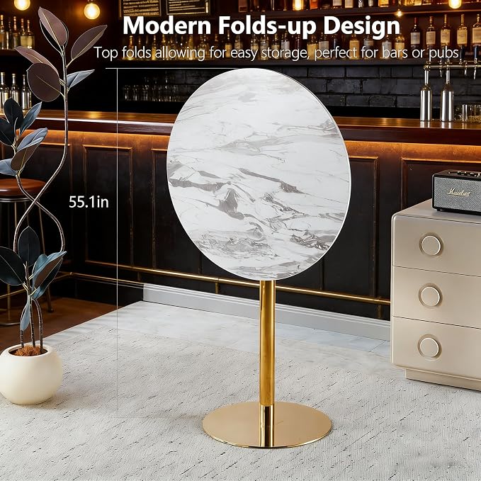 31.5 inches Folding Pub Bar Table, Luxurious Round Cocktail Tables, High Top Table for Bistro, Small Places, Living Room, Dining Room, Cafe