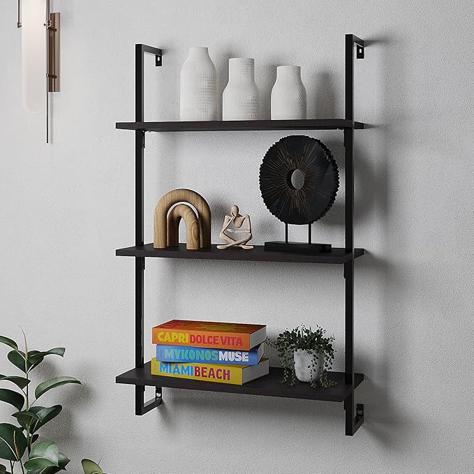 happimess MSH1000A Madera 40.55" Classic Industrial 3-Shelf Wood Wall-Mounted Open Ladder Bookcase with Metal Frame, Black