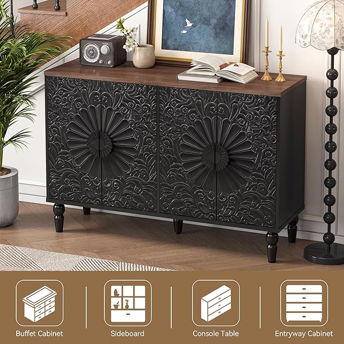 Sideboard Buffet Cabinet with Storage, Accent Cabinet with 4 Vintage Carved Flower Pattern Doors, Decorative Wood Credenza for Living Room, Hallway, Dining Room, Kitchen, Black