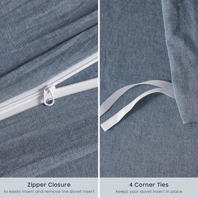 Wake In Cloud - Cotton Duvet Cover Set, 100% Washed Cotton, Linen Like Textured, Breathable Durable Comfy Farmhouse Neutral Bedding Set, 3 Pieces, Denim Blue, Queen Size