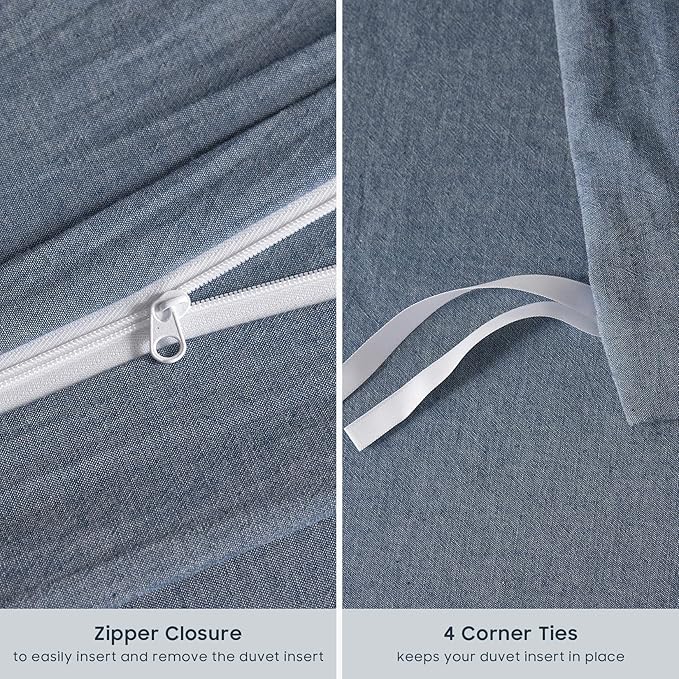 Wake In Cloud - Cotton Duvet Cover Set, 100% Washed Cotton, Linen Like Textured, Breathable Durable Comfy Farmhouse Neutral Bedding Set, 3 Pieces, Denim Blue, Full Size