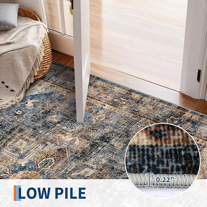 Washable 5x7 Small Area Rug Boho Vintage Medal Print Carpet Non Slip Office Rugs Low Pile Soft Bedroom Carpet Non Shedding Kids Nursery Floor Mats for Kitchen Dining Living Room Blue Brown