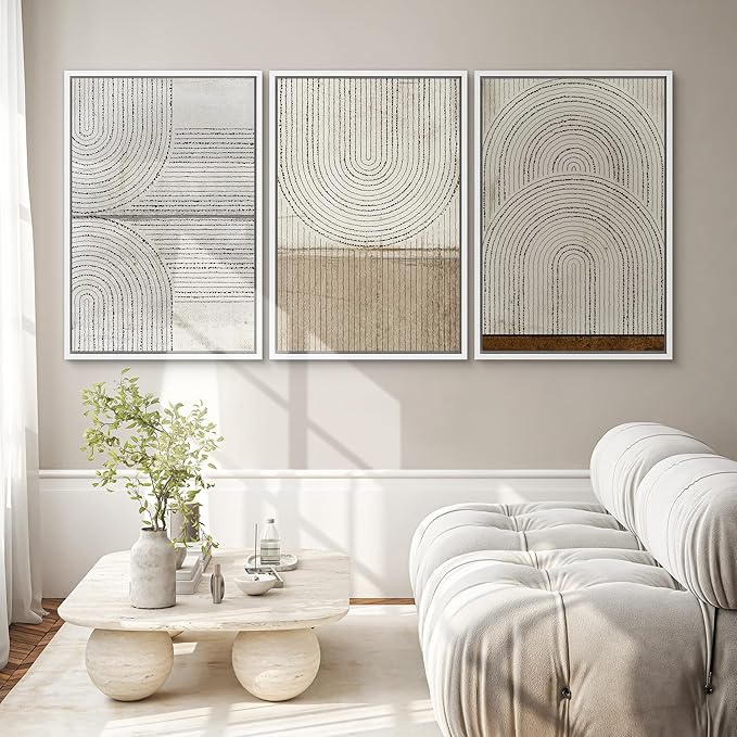 SIGNWIN Framed Canvas Print Wall Art Set Grunge Circle Polygon Collage Abstract Geometric Cozy Neutral Minimalism Modern Art Decorative Boho for Living Room, Bedroom, Office - 24"x36"x3 White